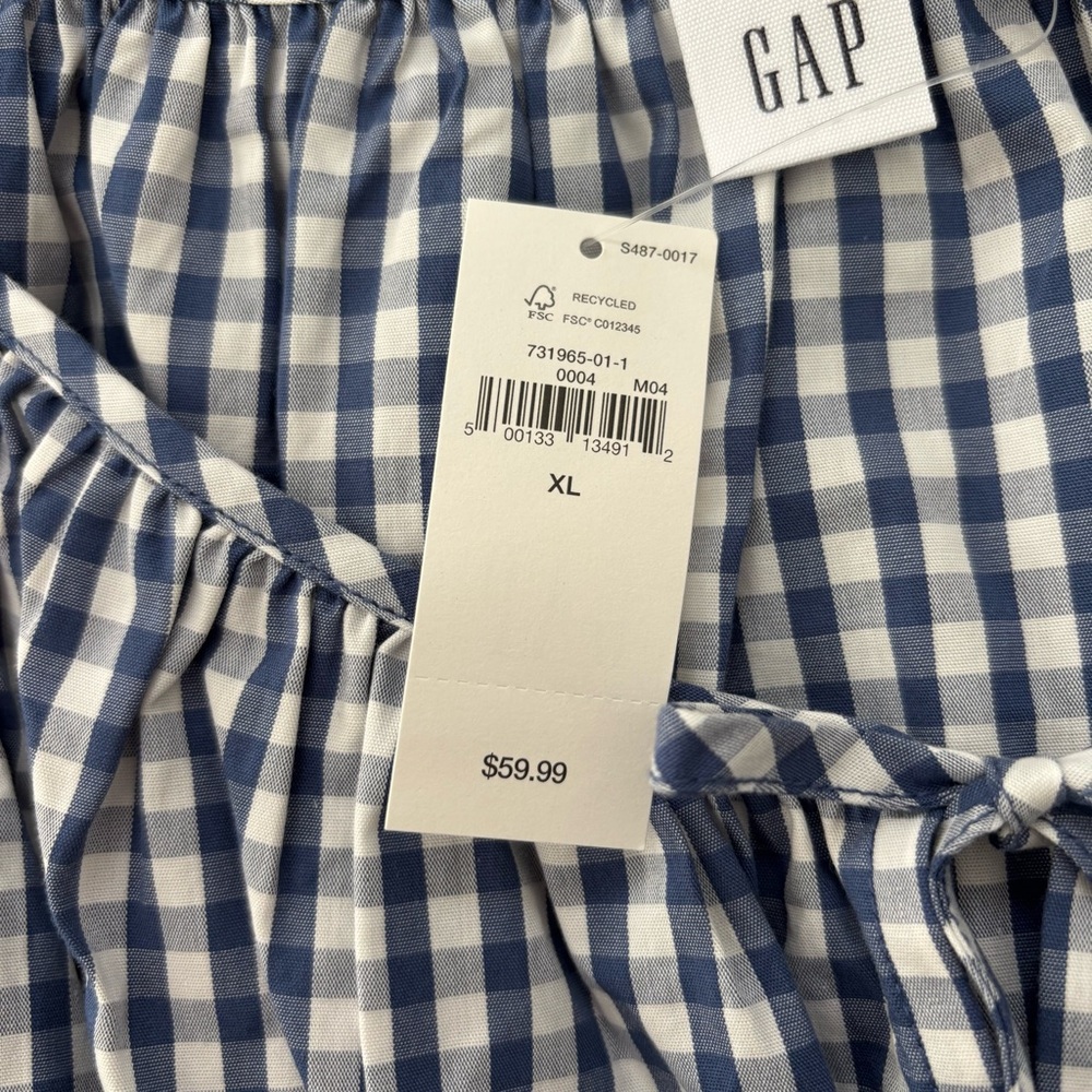 Gap Factory Puff Sleeve Cinched-Waist Top NWT Cotton Blue & White Gingham XL - Picture 7 of 8